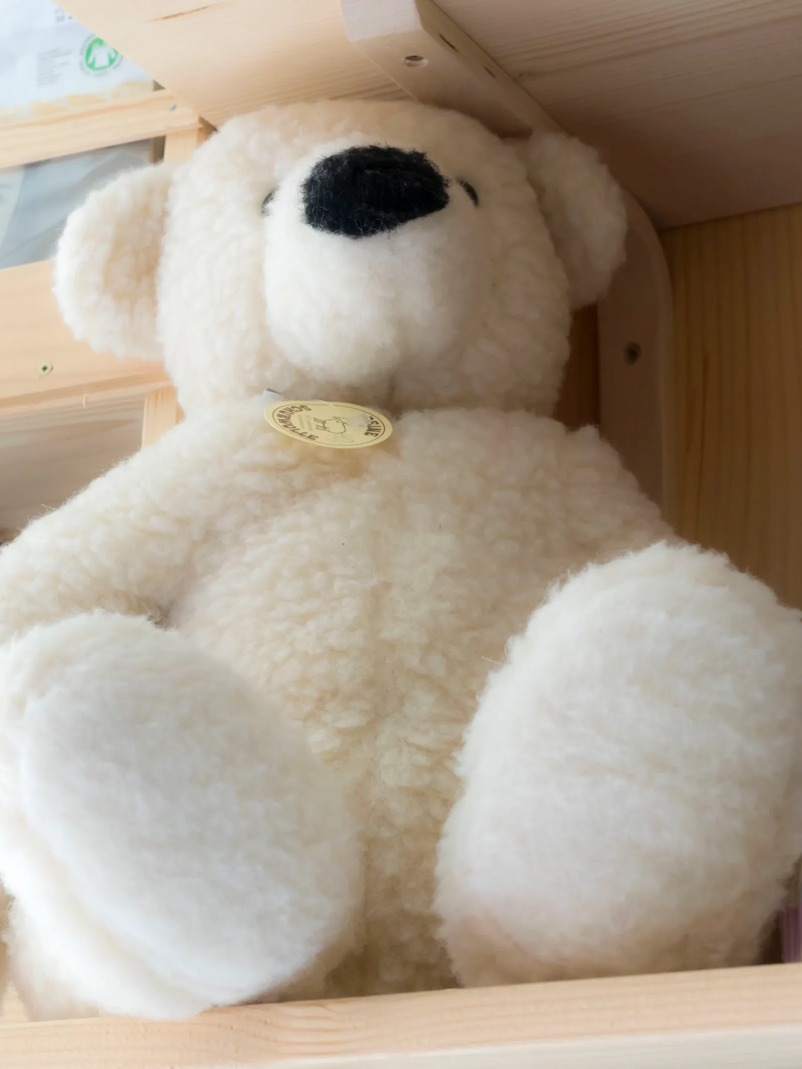 Kuscheltier-Bär aus heller Schafwolle sitzt in einem Holzregal